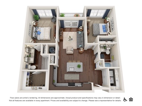 Floor plan for 2 beds, 2 baths, 970 sqft